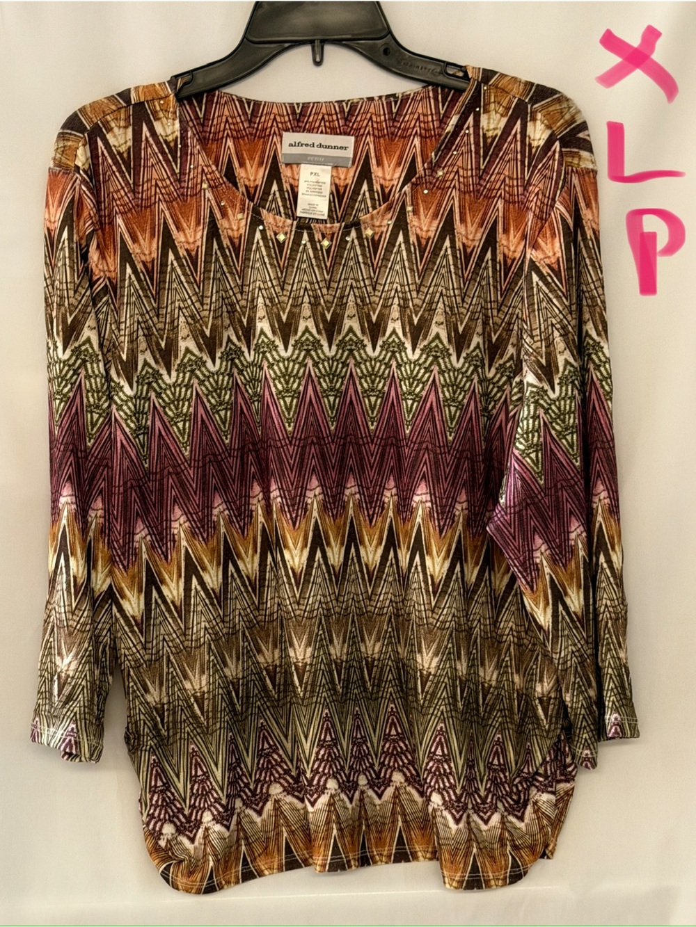 Alfred Dunner Chevron Print Long Sleeve Top in Brown, Olive, Rust, and Purple